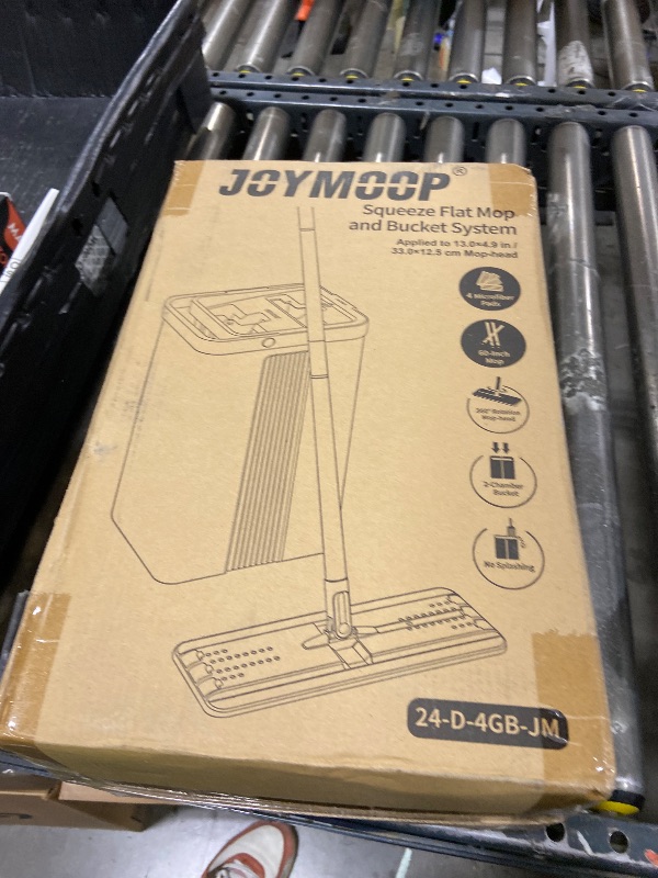 Photo 1 of JOYMOOP Flat Mop System, Microfiber Mop and Bucket Set, White, Commercial & Household Use, Hardwood Floor & Wall Cleaning Mop with Long Handle, 4 Microfiber Pads