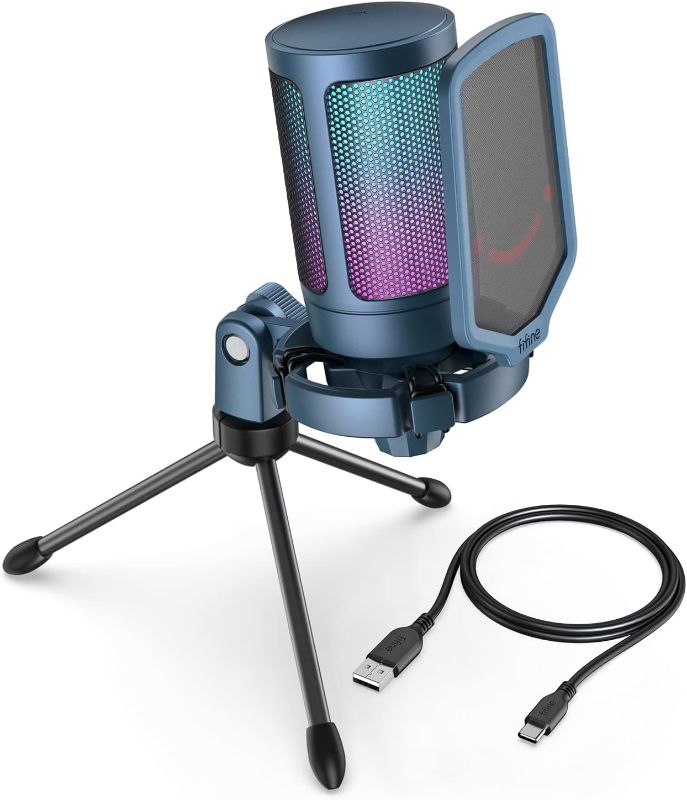Photo 1 of FIFINE Gaming Streaming USB PC Microphone for Mac OS/Windows, AmpliGame Condenser Cardioid Mic with RGB for Video Vocal Recording Twitch Discord, Gamer Computer Mic-Blue