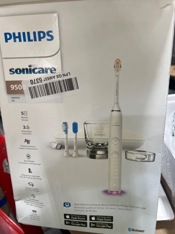 Photo 1 of Philips Sonicare DiamondClean Smart 9500 Electric Toothbrush - Sonic Toothbrush with App, Pressure Sensor, 15 Brushing Settings, Replacement Reminder, USB Charging Travel Case, White, Model HX9923/01