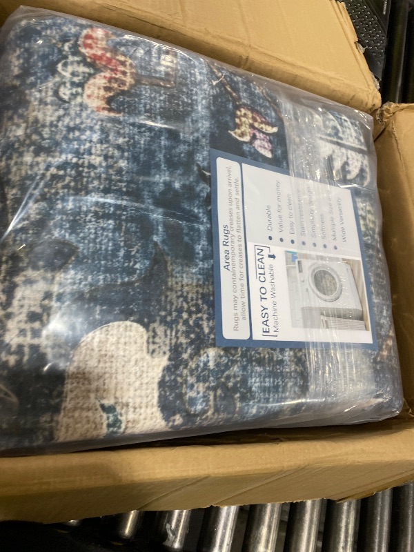 Photo 1 of RELEANY Area Rugs Large 9'x12' Washable Non-Slip, Floral Vintage Distress Medallion Carpet for Living Room Bedroom Dining Room, Dark Blue Vintage