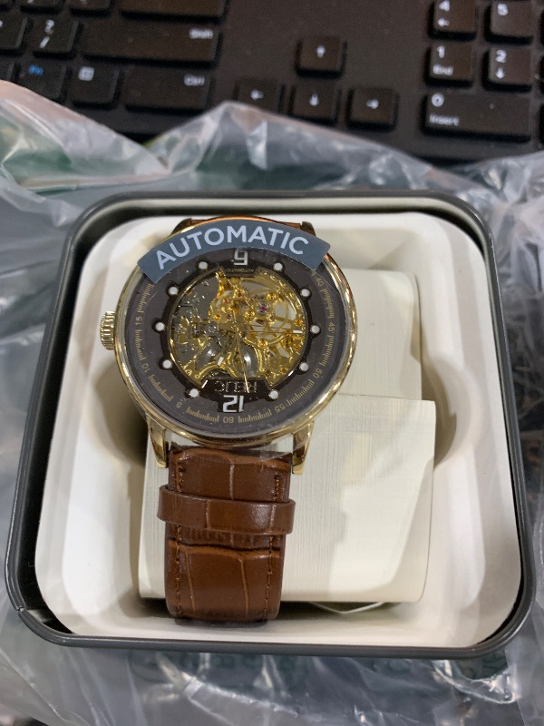 Photo 1 of Relic by Fossil Men's Damon Gold Stainless Steel and Brown Croco Leather Band Automatic Watch, Analog, Automatic Mens Watch