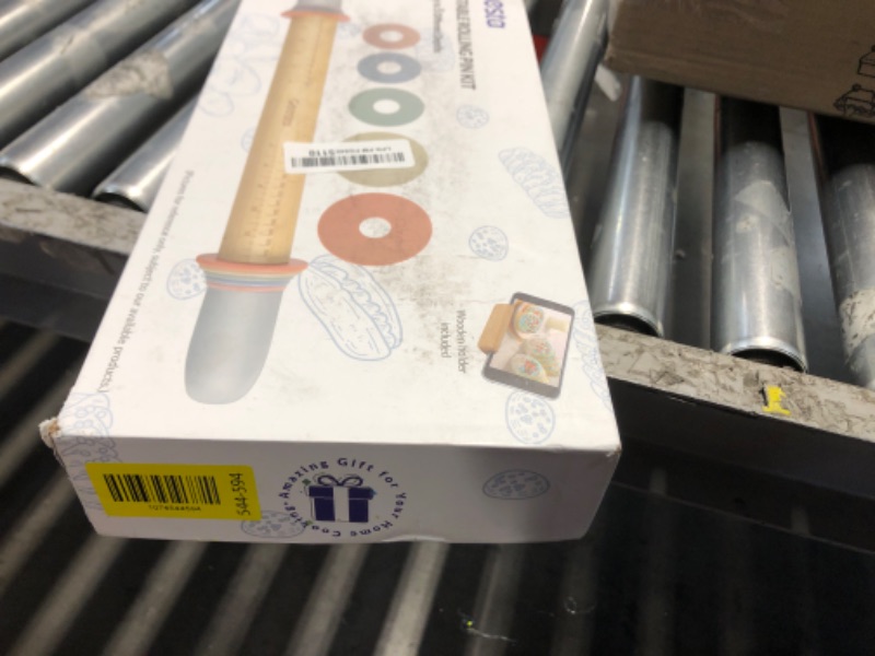 Photo 1 of **One of the ends is missing** Geesta Adjustable Wood Rolling Pin with 5 Thickness Rings, Precise Dough Roller Handle Press Design with Measurement Guide for Fondant, Pizza, Pie Crust, Cookie, Pastry Baking Decorating Accessories