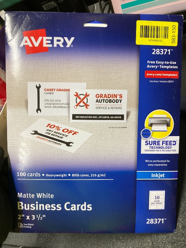 Photo 1 of *Open/May be used* Avery Printable Business Cards with Sure Feed Technology, 2" x 3.5", White, 100 Blank Business Cards, Inkjet Printer Paper (28371)