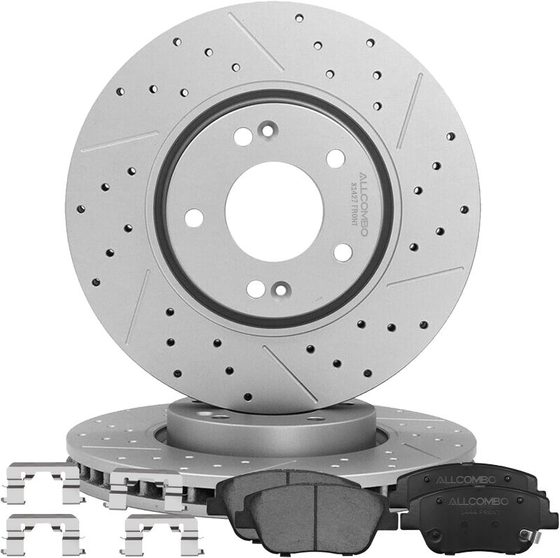 Photo 1 of
Allcombo 11.81" Front Brake Kit for 2011 2012 2013 2014 2015 2016 Kia Optima, 2011 2012 2013 2014 2015 Hyundai Sonata, Disc Drilled and Slotted Brakes Rotors and Ceramic Pads Replacement 31427 1444