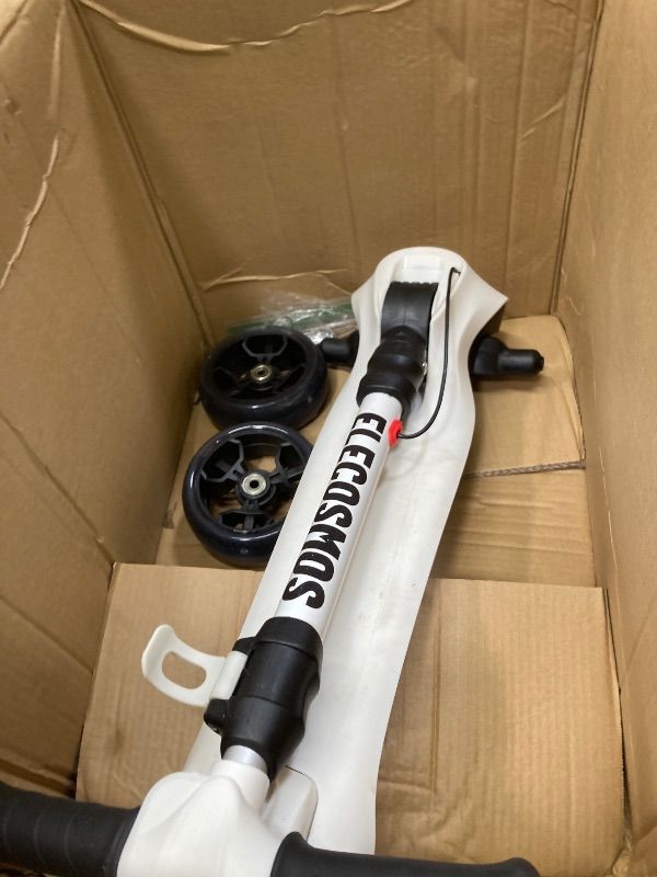 Photo 1 of **NO CHARGER****ELECOSMOS 3 Wheel Electric Scooter for Kids Ages, Light Up Deck & Big Wide Wheels, 3 Adjustable Heights Foldable Kick Scooter, 5mph, Lightweight Motorized Scooter for Kids Ages 4-6, 4-8, 6-8 White