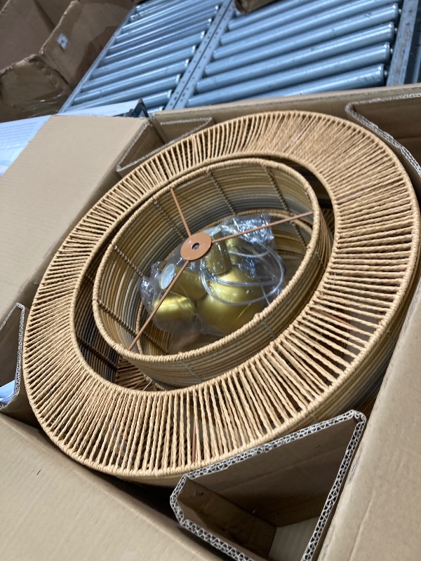 Photo 1 of ****It is used; it is unknown whether any parts are missing, and it is unknown whether it functions 100%.***** Large Rattan Chandelier 6-Light 3-Tier with Hand Woven Shade Adjustable, Wicker Coastal Chandelier Farmhouse Rustic Basket Chandeliers for Kitch