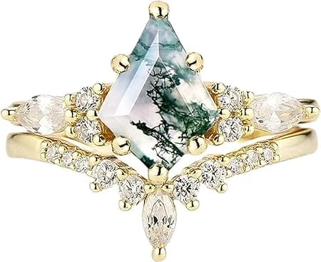 View 1 of **MISSING STONE***Yarrzhen Moss Agate Gemstone Women's Irregular Zirconia and Diamonds 2-Piece Ring Set 925 Sterling Silver Ring for Women Kite Cut Women's Ring Set for Engagement Silver Jewelry?9Gold?