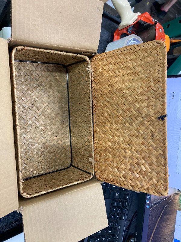 Photo 1 of ***10.5" X 6.5"***Wicker Basket with Lid, Natural Seagrass Storage Baskets for Organizing, Woven Basket for Storage, Decorative Boxes Bins with Lids Home Organizer Decor (?Natural, Small)***10.5" X 6.5"***