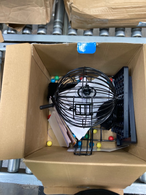 Photo 1 of ***MISSING SOME BALLS***Yuanhe Jumbo Bingo Game Set - 11" Metal Round Cage, 75 Colored Balls, 100 Bingo Cards, 500 Mixed Chips and Master Board for Large Groups, Parties***MISSING SOME BALLS***