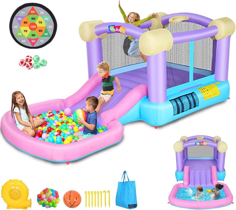 Photo 1 of **NOT IN ORIGINAL BOX**Whubefy Inflatable Pink Bounce House for Kids 2-8 with Slide, Ball Pit & 50 Ocean Balls, 161x82x63'' Jumping Castle w/Blower, Basketball Hoop, Dartboard, Stakes, Storage Bag for Indoor Outdoor Party EST VALUE 179.99