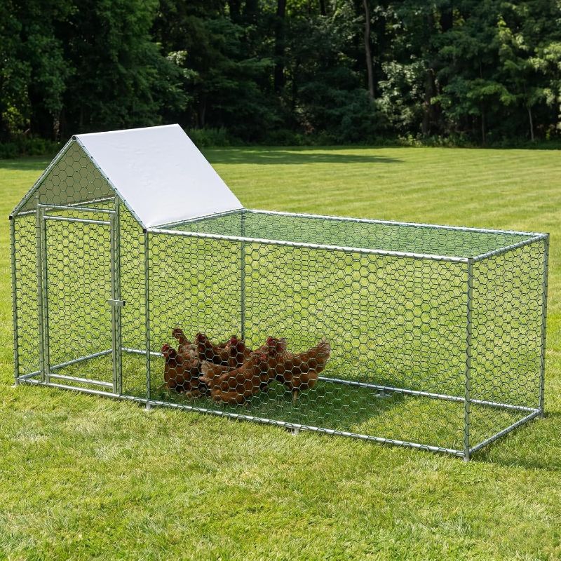 Photo 1 of 10FT x 3FT Metal Chicken Coop, Outdoor Heavy-Duty Chicken Run with Slanted Cover & Secure Lockable Door, Walk-in All-Weather Poultry Cage with Rubber Rope for Hens, Ducks, Rabbits, Silver