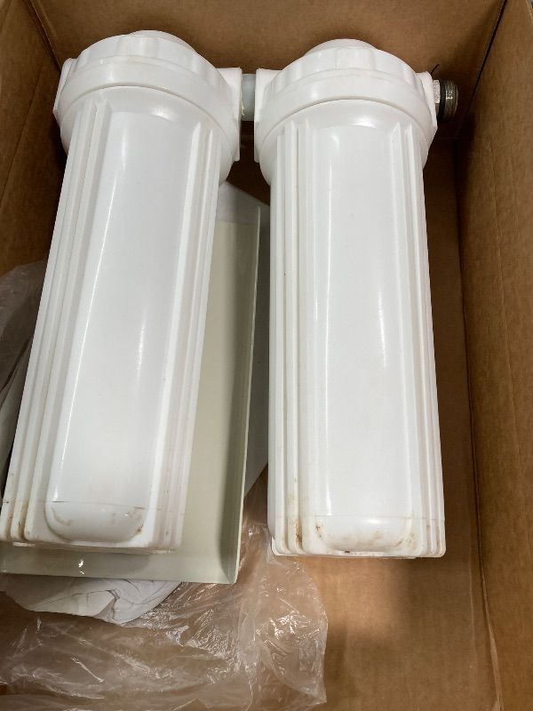 Photo 1 of ***Damage to the bracket- missing several parts -***Nasibey External RV Dual Water Filter System for Reducing Sediment, Dirt, Sand, Rust, Scale Particles & Chlorine Taste | 3/4" GHT 304 Adapter,Mounting Bracket and Two Filters Included***Damage to the bra