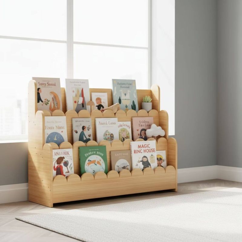 View 1 of **PARTS ONLY***Tooloton - Wooden 3-Tier 36.7" Wide Scalloped Display Shelf, Bookcase Organizer for Home, Living Room and Bedroom - Natural