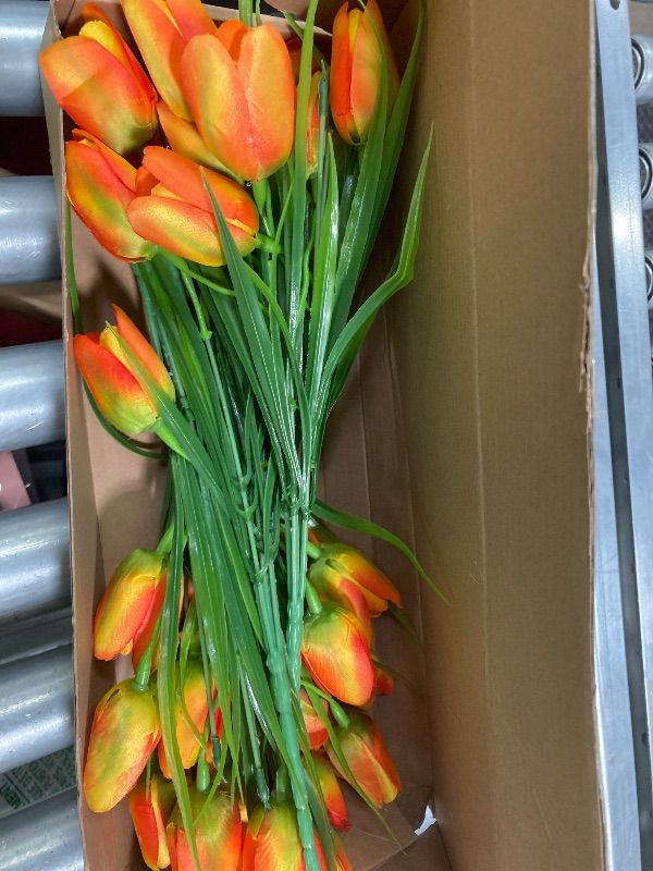 Photo 1 of **MISSING 4****FOUSUKA Artificial Tulips Fake Flowers Outdoor UV Resistant 4 Bundles 40 Heads Silk Tulip Faux Plastic Greenery Plants Flower for Home Outside Garden Porch Window Planters Decor (Orange)