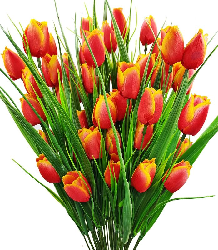 Photo 1 of **MISSING 4****FOUSUKA Artificial Tulips Fake Flowers Outdoor UV Resistant 4 Bundles 40 Heads Silk Tulip Faux Plastic Greenery Plants Flower for Home Outside Garden Porch Window Planters Decor (Orange)