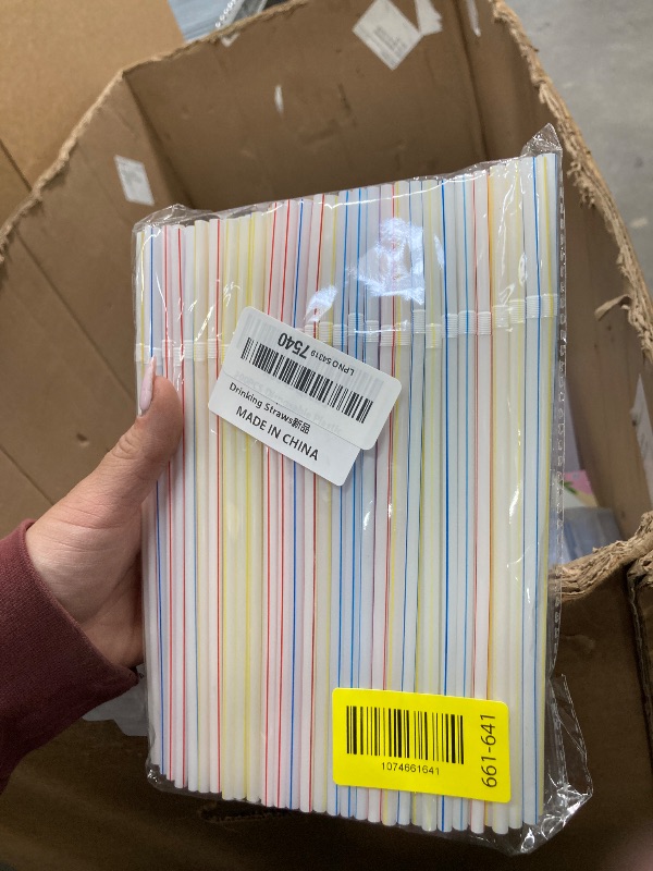 Photo 1 of [200 Pack] 8.5" High Flexible Plastic Straws,Bendable Disposable Drinking Straws -Striped Assorted Colors for Home Use Milk Juice Drinks
