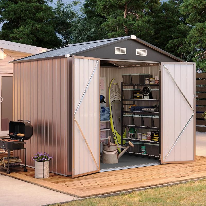 View 1 of ***MISSING PIECE- SELLING AS INCOMPLETE PARTS ONLY*** Aoxun 8x6FT Shed with Floor Galvanized Steel Outdoor Storage Shed Metal Garden Shed with Double Doors, Moisture-Proof Floor & Ventilation, Sloped Roof for Bike/Generator/Tool Storage (Brown)