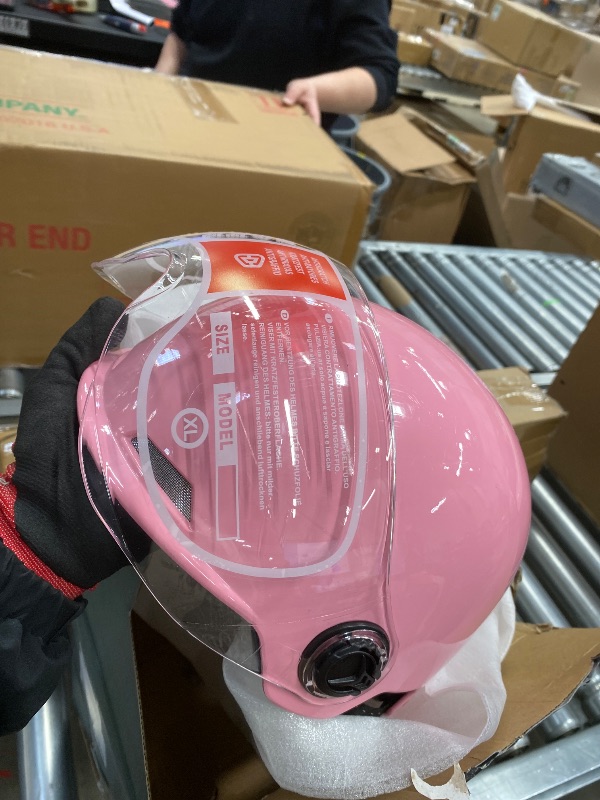 Photo 1 of **MISSING WINDSHIELD CLAMP**Motorcycle Helmets DOT Certified, German Style Half Helmet Electric Bike Scooter with Windshield Glasses Cool Retro Helmet for Men and Women (Pink, L)