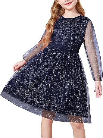 View 1 of **DIFFERENT COLOR BLUE***Arshiner Girls Mesh Dress Long Sleeve Tulle Sparkle Glitter Polka Dot Party Holiday Dresses Kids Clothes  SIZE 8-9 YEARS