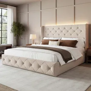 Photo 1 of ****Bed Frame With Storage Drawers And Tufted Headboard Velvet Upholstered Platform, Led Light Wingback