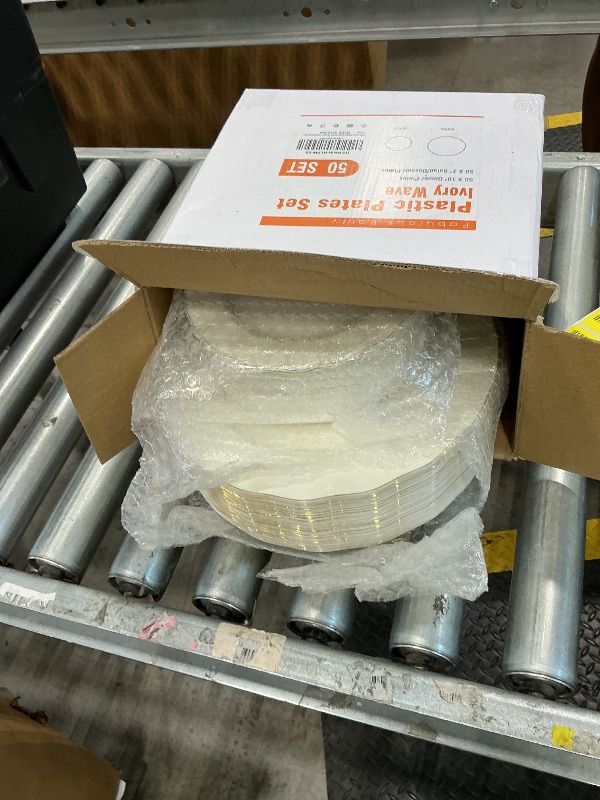 Photo 1 of [MISSING ITEMS] HIGH END 100 Pcs Ivory Wave Plastic Plates with Gold Trim, Fancy Disposable Plate Sets Include 50 Dinner & 50 Dessert Plastic Plates, Elegant Disposable Plate Set For Party, Thanksgiving (50 Guests)