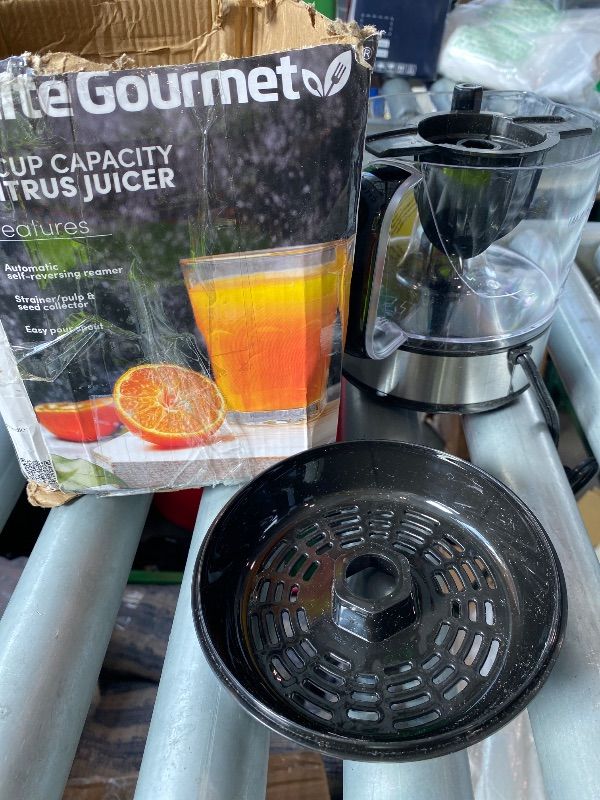 Photo 1 of [DAMAGED] [CLERK NOTES] Elite Gourmet ETS623 BPA-Free 40-Watt Electric Citrus Juicer, Compact, Large Volume, Pulp Control, Oranges, Lemons, Limes, Grapefruits with Easy Pour Spout, 24oz, Black/Stainless Steel