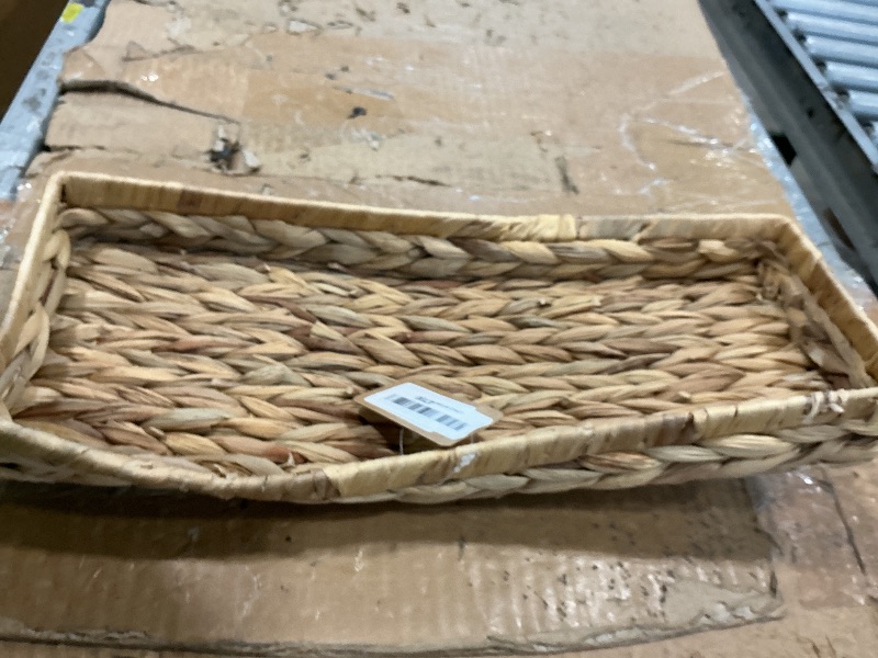 Photo 1 of **BENT/DAMAGED**
Woven Bathroom Vanity Tray for Storage Water Hyacinth Back of Toilet Basket Long Narrow Guest Towel Holder (Natural 16.3 x 6.1 x 2 inch)