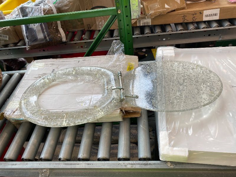 Photo 1 of **Untested**
Elongated Resin Toilet Seat Glitter Silver, Slow Quiet-Close Lid and Seat, Heavy Duty Toilet Seats for Standard Toilet, Easy Installation & Cleaning (19Inch, Silver Foil, Upgraded hinges)