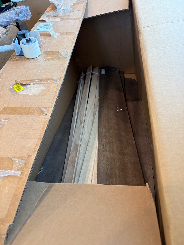 Photo 1 of **Untested**
SAMTRA Wooden Queen Size Bed Frame with Headboard, Brown Farmhouse Storage Bedframe with Sliding Barn Door Footboard and Charging Station, Wood Slats, No Box Spring Needed (Dark Brown