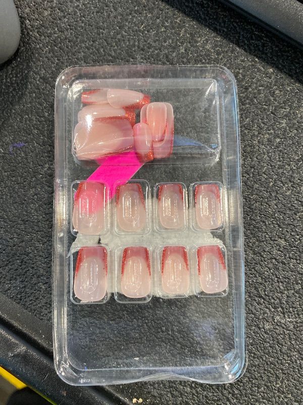 Photo 1 of [SIMILAR ITEM] Square Press on Nails Medium Christmas Fake Nails Red Glitter Bling French Tip Acrylic Nails Full Covert Stick on Nails Sparkly Artificial Acrylic Nail for Women Nails Art Manicure 24 Pcs
