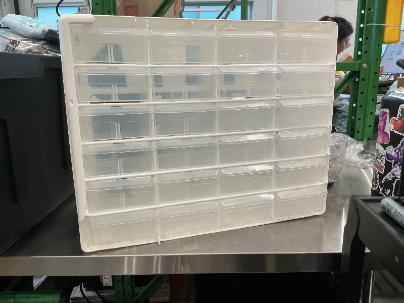 Photo 1 of [Frame is heavily broken] Akro-Mils 24-Drawer Plastic Drawer Storage Cabinet for Garage Organization, Bead Organizer, Building Bricks Storage, Teacher Toolbox, Makeup Organizer, 20" W x 6" D x 16" H, 10124 White