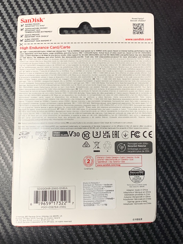 Photo 1 of ****FACTORY SEALED ****
SANDISK 256GB High Endurance Video microSDXC Card with Adapter for dash cam and home monitoring systems - C10, U3, V30, 4K UHD, Micro SD Card - SDSQQNR-256G-GN6IA