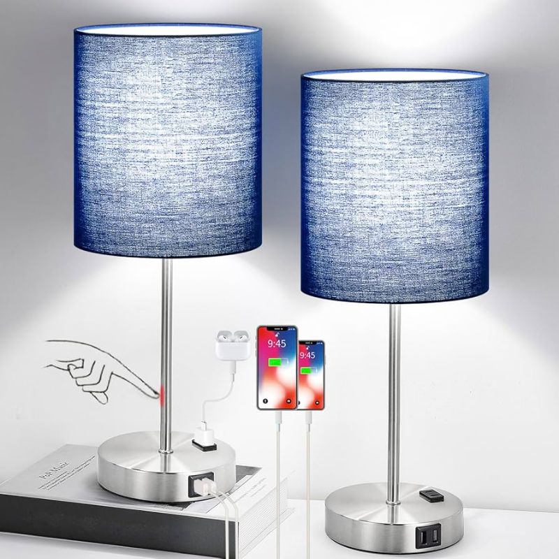 Photo 1 of (blue small) Set of 2 Grey Touch Control Table Lamps with 2 USB Ports & AC Outlet, 3-Way Dimmable Bedside Nightstand Lamps, Desk Lamp for Bedroom Living Room Nursery, 800 Lumens 5000K Daylight Bulbs Included