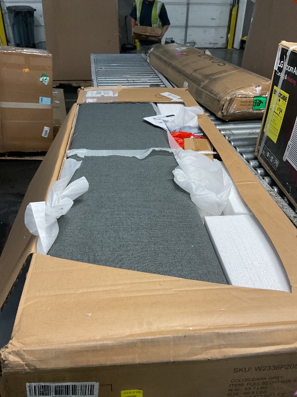 Photo 1 of **BOX 2 OF 2 ONLY**PRICE ADJUSTED**Ball & Cast Full Size Upholstered Platform Bed with Twin Size Trundle & USB Port,Linen Tufted Bed Frame W/Remote Control LED Light & Stripe Headboard,Wood Slats Support for Bedroom,Apartment Gray