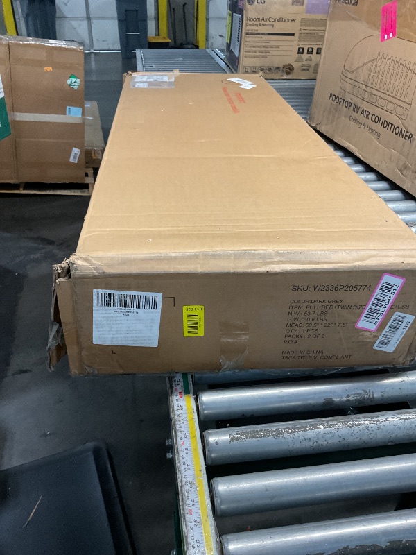 Photo 1 of **BOX 2 OF 2 ONLY**PRICE ADJUSTED**Ball & Cast Full Size Upholstered Platform Bed with Twin Size Trundle & USB Port,Linen Tufted Bed Frame W/Remote Control LED Light & Stripe Headboard,Wood Slats Support for Bedroom,Apartment Gray