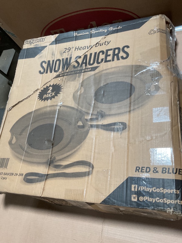 Photo 1 of **MINOR SCRATCHES FROM PREVIOUS USE**GoSports 29 Inch Heavy-Duty Winter Snow Saucer with Padded Seat and Hand Pull Strap - 2 Pack, Red and Blue