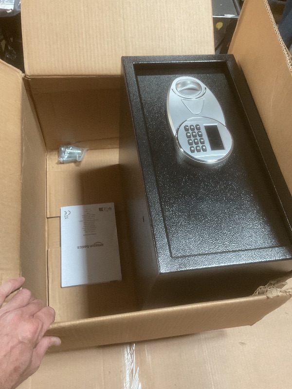Photo 1 of ** FOR PARTS/ LOCKED SHUT / MISSING KEYS & INSTRUCTIONS W MASTER UNLOCK CODE*** Amazon Basics Steel Security Safe Box with Digital Keypad, for Valuables, Cash, Jewelry, Documents, Removable Shelf, Black, 1 Cubic Foot, 16.9"x14.6"x9.1" (WxDxH)