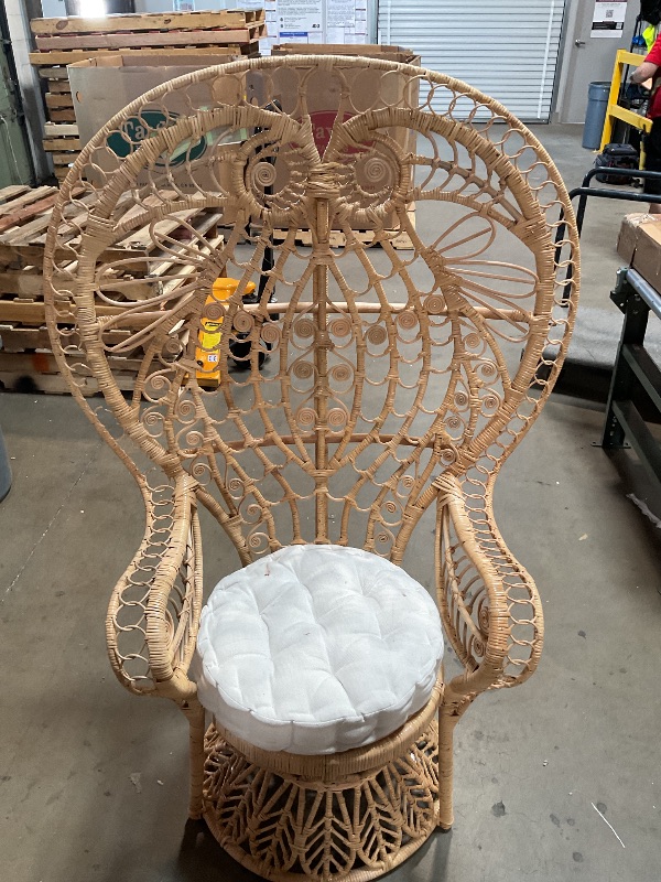 Photo 1 of *** MINOR DAMAGE***Bali & pari Kimiko Natural Rattan Peacock Chair with Cushion – Handwoven Wicker Accent Chair with Fan Backrest, Boho Coastal Statement Seating for Living Room or Event
