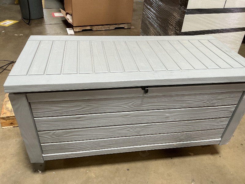 Photo 1 of *** MINOR DAMAGE***Keter Westwood 150 Gallon Resin Large Outdoor Storage Box for Patio Furniture, Outdoor Cushions, Garden Tools and Pool Floats, Light Grey