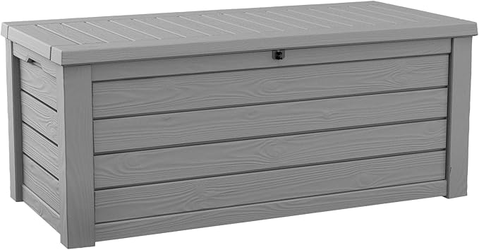 Photo 1 of *** MINOR DAMAGE***Keter Westwood 150 Gallon Resin Large Outdoor Storage Box for Patio Furniture, Outdoor Cushions, Garden Tools and Pool Floats, Light Grey