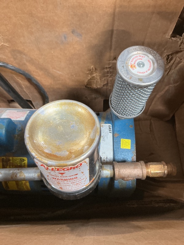 View 10 of *** USED/MAJOR DAMAGE/UNKNOWN MISSING PARTS***Allegro 9821 | A-750 Breathing Air Pump | ¾ HP Oil-Less Rotary Vane | Portable Low-Pressure Air Source | 0–10 CFM, 2–12 psi | for 1–2 Respirator Users or 1 Hood | UL Recognized Motor