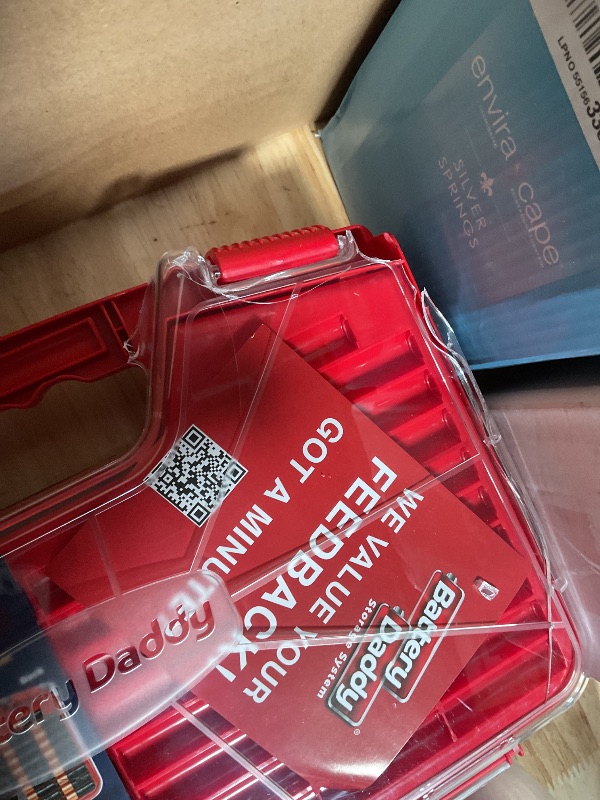 Photo 1 of ** cover for one side is broken**Ontel Battery Daddy Storage & Organizer Case w/Tester, Stores & Protects Up to 180 Batteries, Double-Sided, Clear Locking Lid, Secure Latches & Portable Carrying Handle - Red (Batteries Not Included)