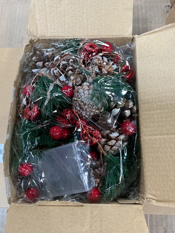 Photo 1 of 13.1Ft 60LED Prelit Christmas Garland with Lights, Battery Operated Berry Pinecones Red Garland Lights, Winter Garlands for Decoration Christmas Mantle Fireplace Indoor Outdoor Home