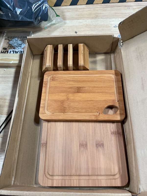 Photo 1 of ***MISSING MED SIZE BOARD*** Astercook Deep-Carbonized Bamboo Cutting Boards for Kitchen with Wood Storage Stand, Reversible Charcuterie & Chopping Boards with Juice Grooves and Easy-Grip Handles, Fathers Day Gift for Men