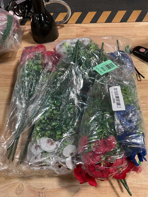 Photo 1 of 18 Pcs Artificial Fake Pansy Flowers for Outdoor, UV Resistant Faux Silk Pansies Patriotic Flowers for Outside for Planter Front Door Porch Patio Window 4th of July Home Decor (18, Red, White, Blue)