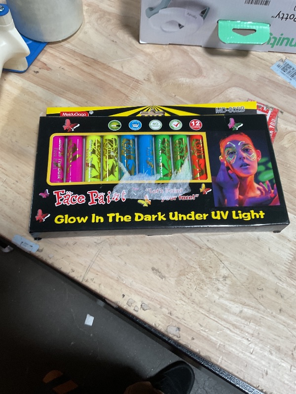 Photo 1 of 12 PCS Glow Face Body Paint, Glow In The Dark Under UV Black Light Sticks Makeup Neon Face Painting Kits for Adult Halloween Festival Accessory Glow Party Supplies