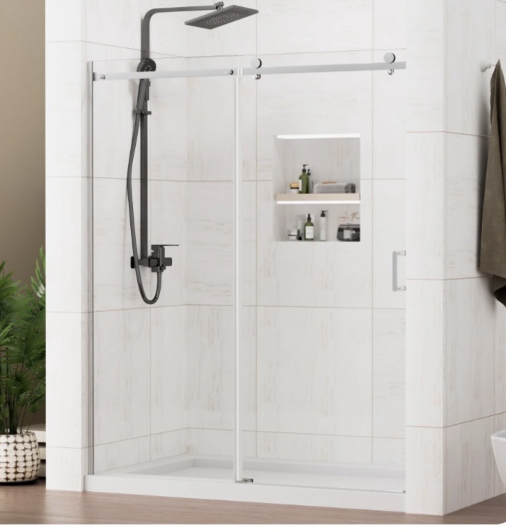Photo 1 of **SELLING AS PARTIAL SET. ONE GLASS PANEL IS DESTROYED INSIDE BOX**Kosmonia 60"x72" Frameless Reversible Single Sliding Shower Door, Clear Tempered Glass, 304 Stainless Steel Hardware, Water Protection Seal