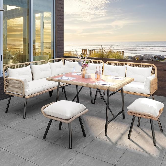 Photo 1 of **MISSING PIECES**** color is light, brown and gray **YITAHOME Patio Wicker L-Shaped Furniture Set, All-Weather Rattan Outdoor Conversation Sofa Set for Backyard Deck with Soft Cushions,Ottomans and Plastic Wood Dining Table (Light Brown+Beige)