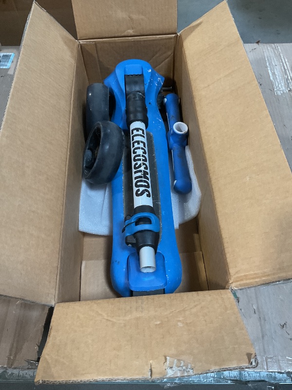 Photo 1 of ***PARTS ONLY***NON FUNCTIONAL***ELECOSMOS Kids Electric Scooter for Age 4-9, Light Up 3 Wheeled Scooter with Big LED Wheels, Flashing Deck, 3 Adjustable Heights, Light Up 3-Wheels Scooters, Balance Training Scooter for Kids, Blue