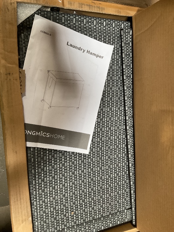 View 2 of **FOR PARTS ONLY/ HAS A BROKEN BRACKET AT THE TOP WHERE SCREW GOES*** SONGMICS HOME Laundry Hamper with 3 Section, Large 140 L Rolling Laundry Basket with Wheels, Rattan Clothes Basket with Lid, Removable Liner with Handles, Dove Gray and Matte White ULCB